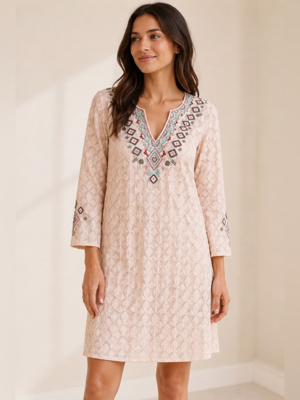 Sundance Global Embrace Blush Peach Beaded Chemise Dress Size Medium (M) Boho